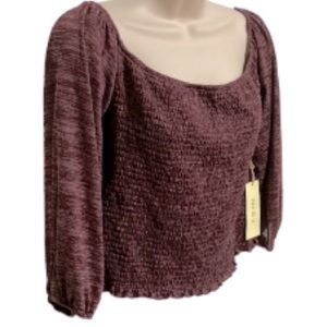 Hacci Smocked Square Neck Crop Top Blouse Wine Burgundy XL 2X 3X